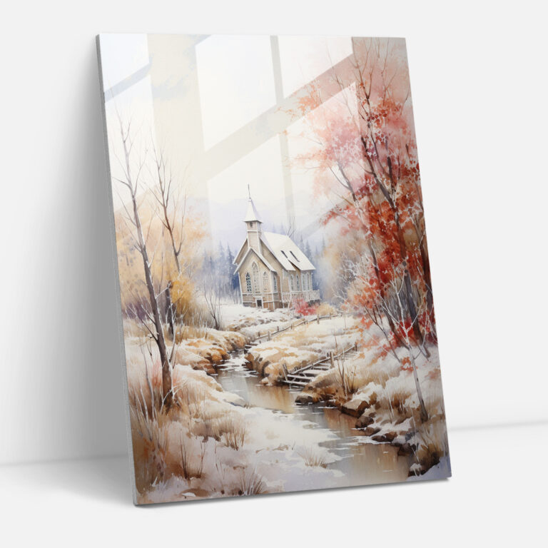 Church Glass Print: Countryside Serenity - Church, Watercolor Painting, Church, Glass Print