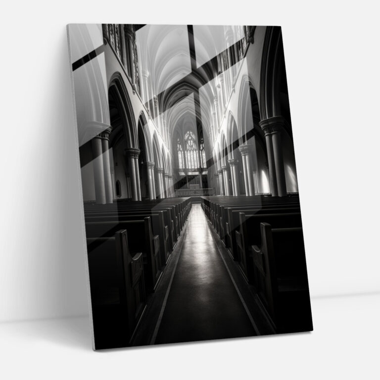 Church Glass Print: Dramatic Interior - Church, Black And White Photograph, Captivating Church Space, Modern Art
