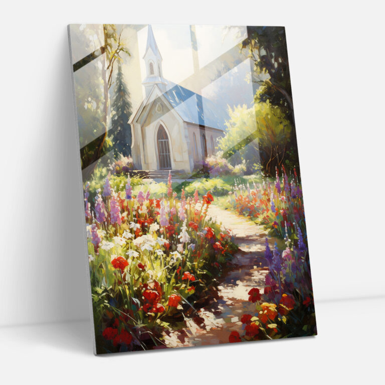 Church Glass Print: Sunlit Garden - Church, Impressionist Painting, Wall Decoration, Sunlit Church Garden