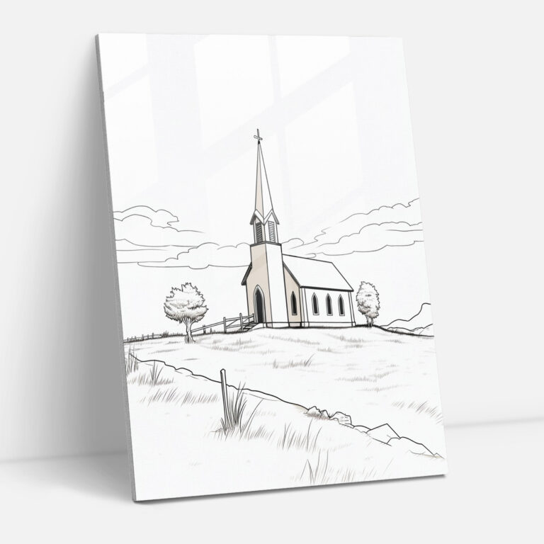 Church Meadow Glass Print - Church, Church In Meadow, Clean Lines, Wall Decoration
