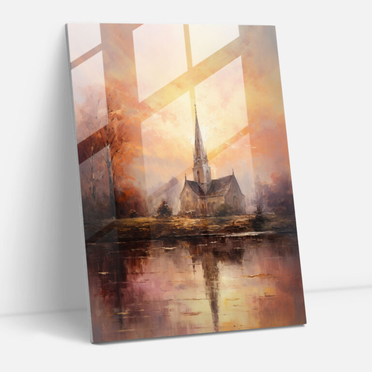 Sunrise Church Glass Print - Church, Glass Print, Soft Brushstrokes, Home Decoration