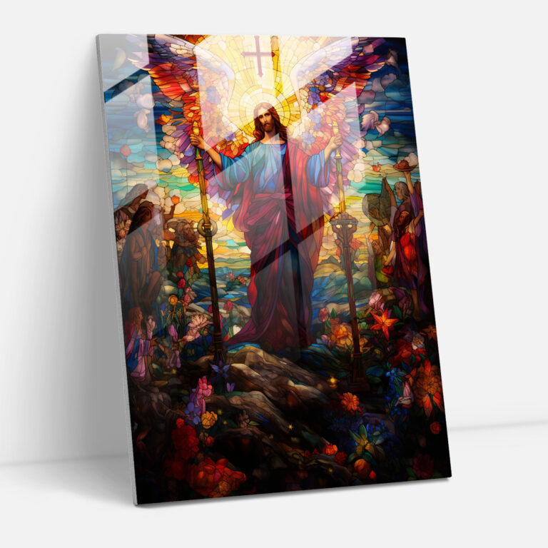 Church Glass Print: Colorful Stained Glass Art Of Jesus On The Cross - Church, Church Glass Print, Modern Art, Stained Glass