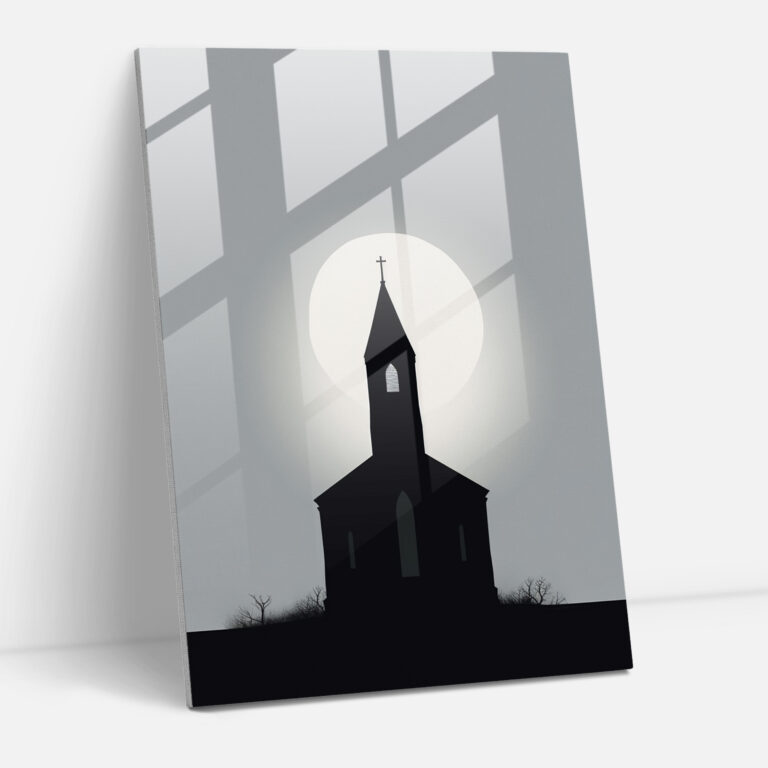 Church Glass Wall Art: Minimalist Black And White Illustration Of Church Silhouette - Church, Minimalist Illustration, Church Glass Wall Art, Glass Art