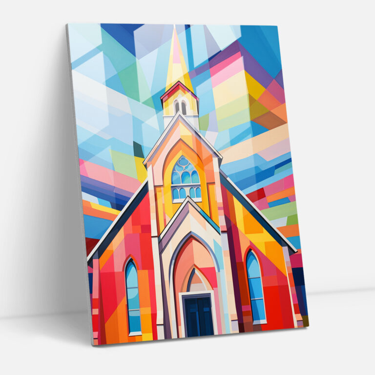 Church Glass Wall Art: Pop Art Illustration Of Vibrant Church - Church, Glass Art, Glass Print, Modern Art