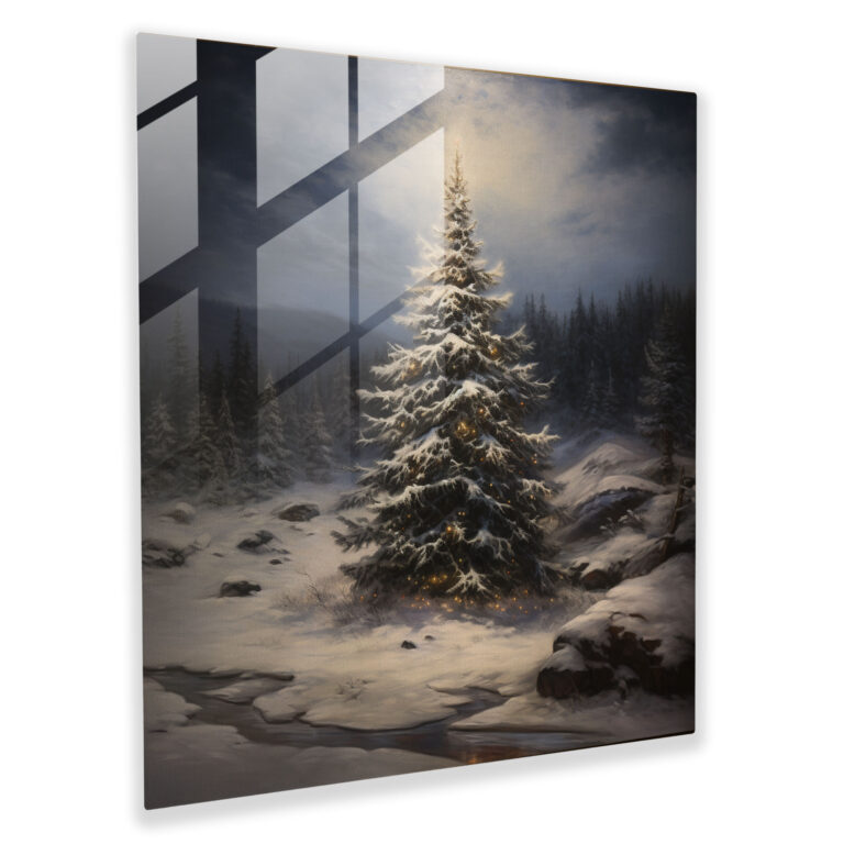 Classic Glass Print - Majestic Snowy Christmas Tree - Christmas, Glass Art, Classic Oil Painting, Wall Decoration