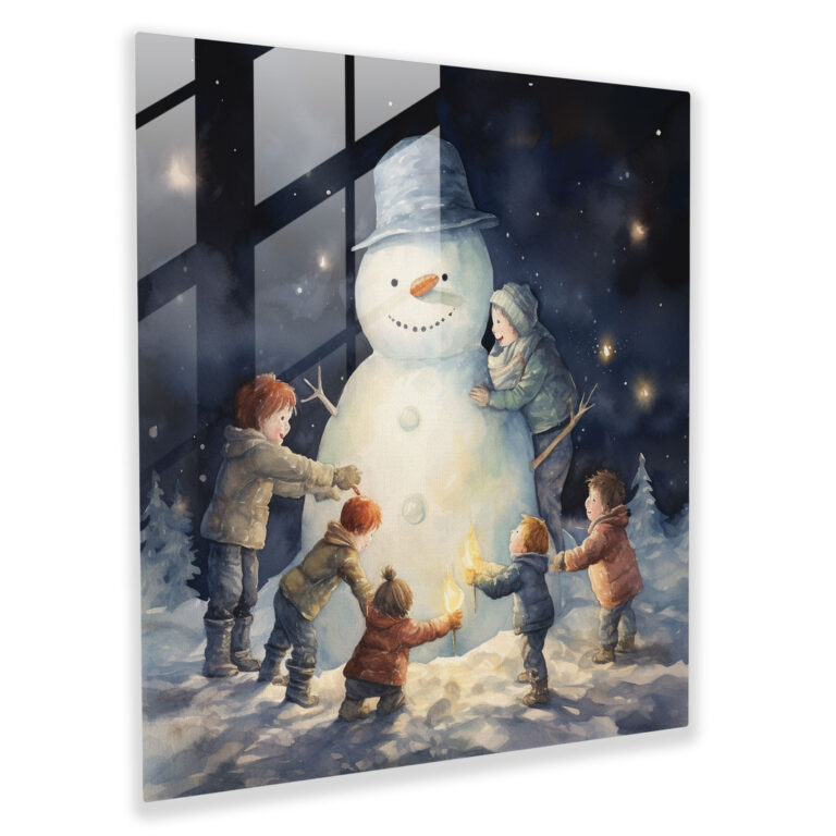 Snowman Delight Glass Print - Christmas, Wall Decoration, Glass Art, Moonlight