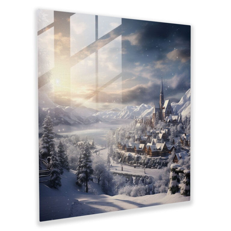 Snowy Village Glass Print - Christmas, Glass Wall Art, Home Decoration, Modern Art