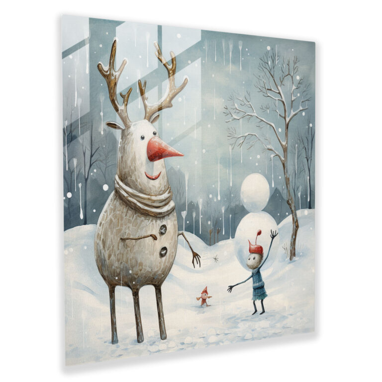 Christmas Reindeer And Snowman Glass Print - Christmas, Glass Art, Whimsical Cartoon Drawing, Playful