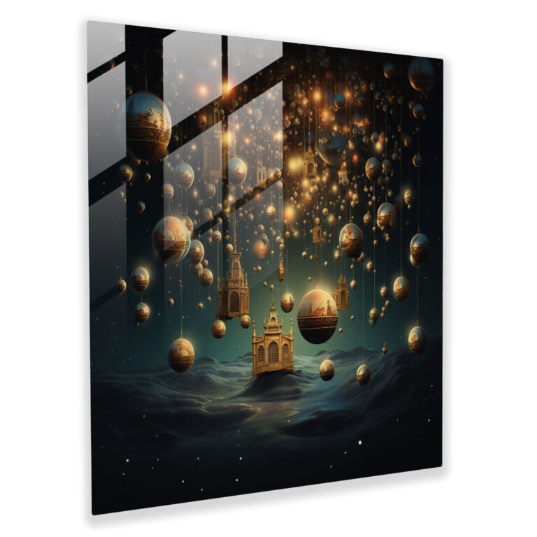 Surrealist Floating Ornaments Glass Print - Christmas, Floating Ornaments, Modern Art, Home Decoration
