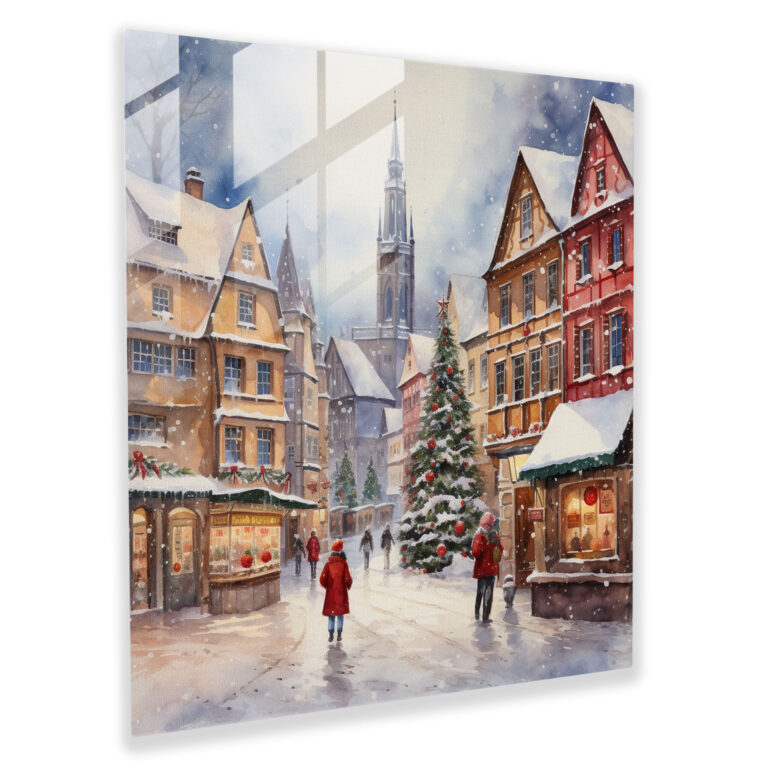Christmas Glass Print: Snowy Village Christmas Market - Christmas, Home Decoration, Glass Wall Art, Christmas Market