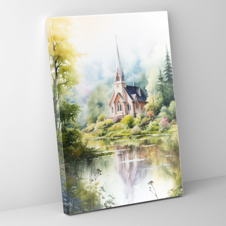 Watercolor Church Canvas Print - Church, Watercolor Painting, Gentle Church, Lush Greenery