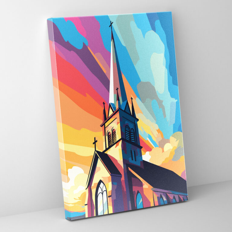 Church Canvas Print - Pop Art Style Spire Wall Art - Church, Canvas, Vibrant Colors, Wall Decoration