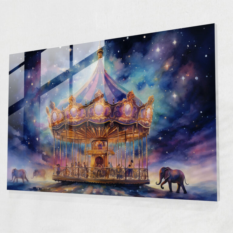 Carousel Dreams Glass Print - Circus, Modern Art, Watercolor Illustration, Wall Decoration