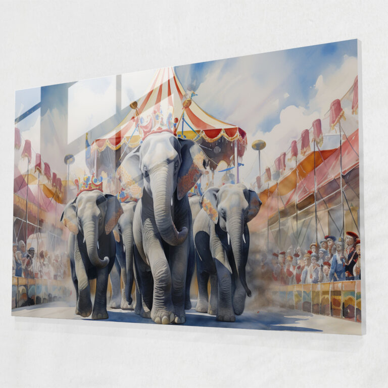 Magnificent Elephants Glass Print - Circus, Circus Wall Decoration, Circus Glass Art, Watercolor Painting