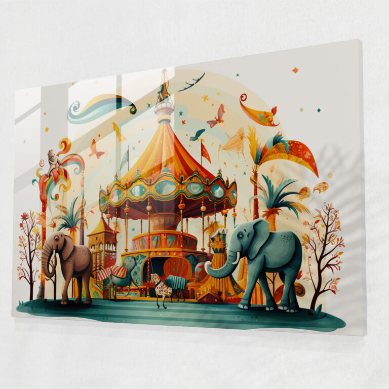 Playful Circus Carousel Glass Print - Circus, Whimsical Illustration, Joy, Glass Print