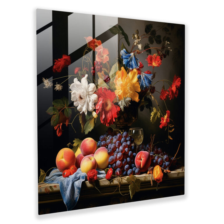 Classic Still Life Glass Print - Classic, Elegance, Fruit And Flowers, Wall Decoration