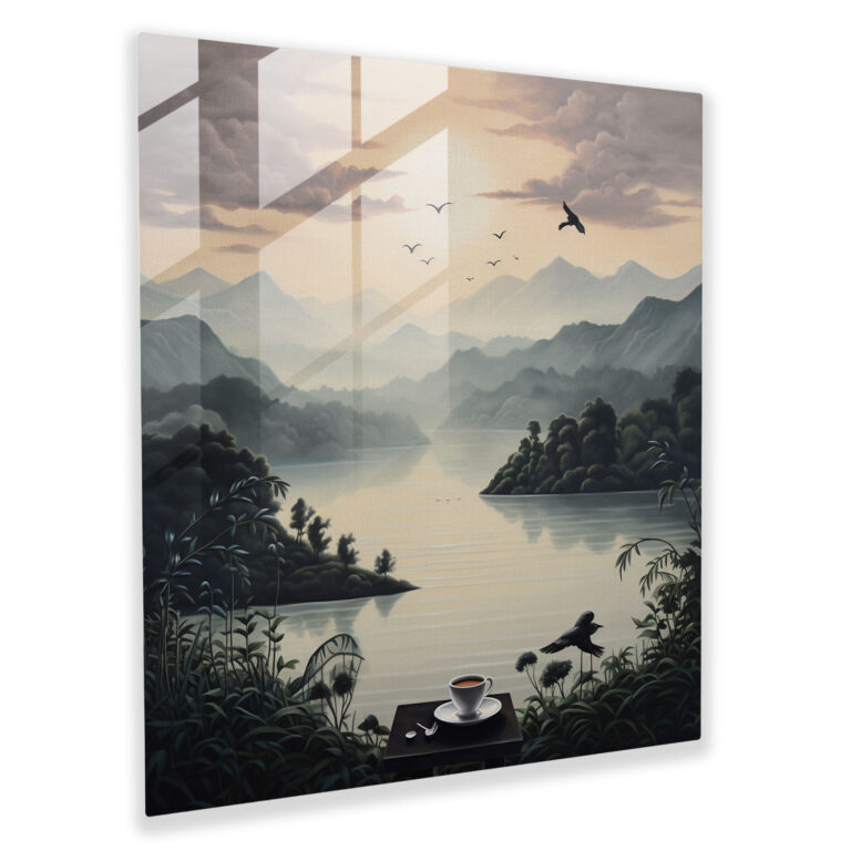 Coffee Landscape Glass Print - Coffee, Misty Mountains, Nature-Inspired Painting, Glass Art