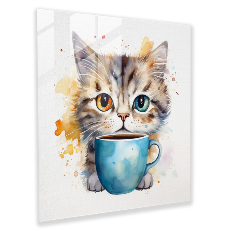 Coffee Meow - Glass Wall Art - Coffee, Whimsical Watercolor Painting, Playfulness, Cat