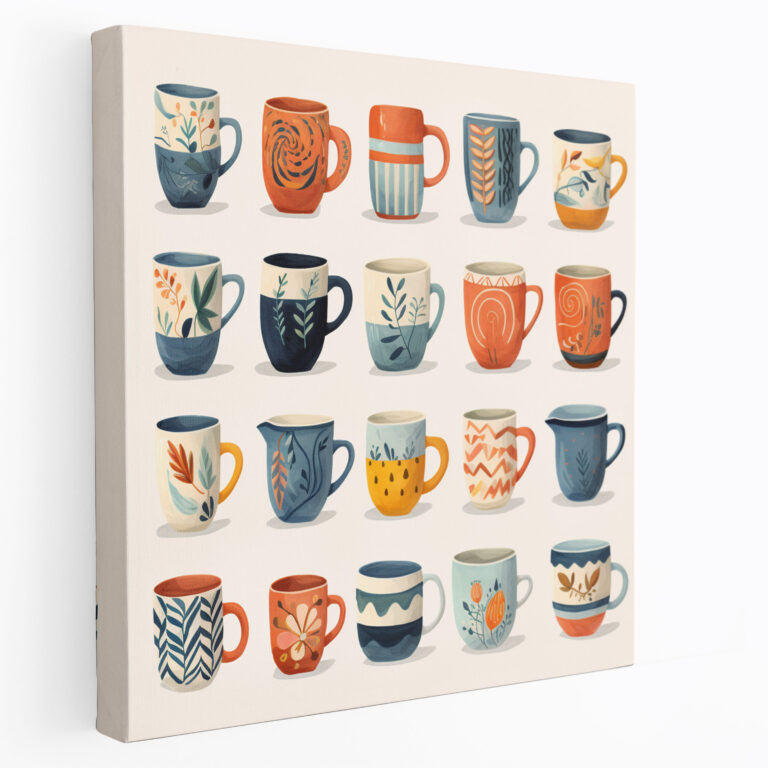 Coffee Mugs Whimsy Canvas Print - Coffee, Charm And Character, Coffee Wall Art, Coffee Wall Decoration