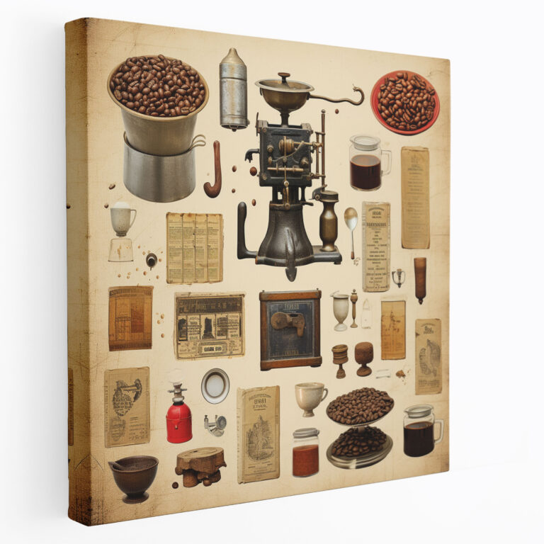 Vintage Coffee Collage Canvas Print - Coffee, Brewing Equipment, Coffee Wall Decoration, Coffee Beans