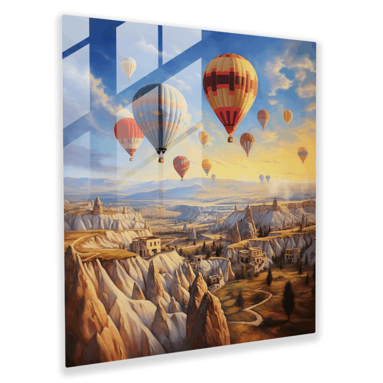 Aerial Glass Print: Cappadocia Balloon Vista - Realistic Oil Glass Wall Art for Home Decoration