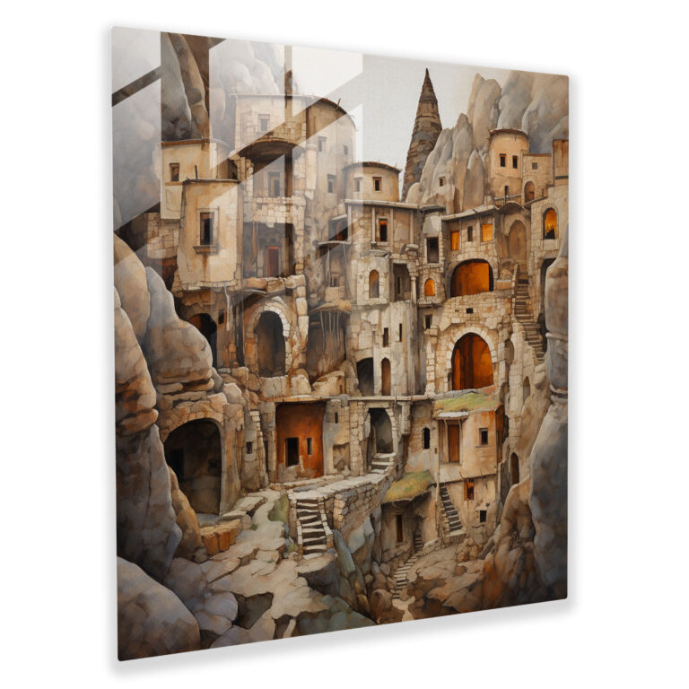 Enigmatic Horizons Glass Print - Contemporary Mixed Media, Cappadocia Cave Dwellings