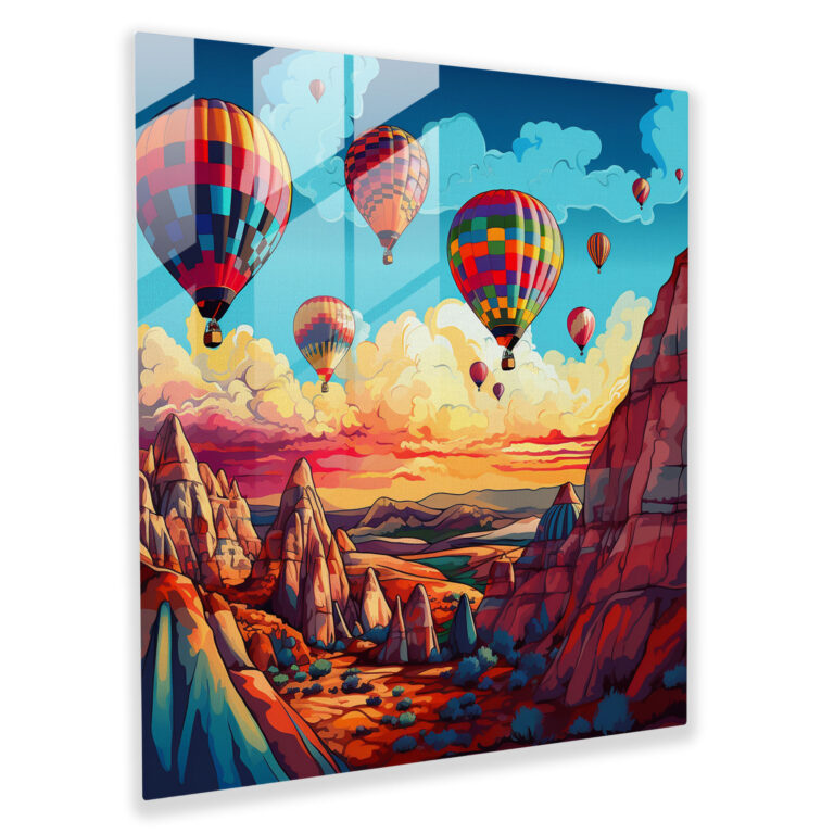Colorful Ascension Glass Print - Contemporary Pop Art, Cappadocia Hot Air Balloons