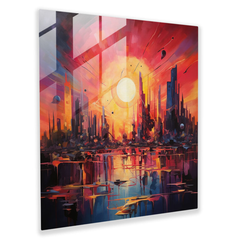 Mesmerizing Abstract Glass Prints - Vibrant City Sunset with Surrealistic Touch - Modern Wall Decoration and Home Decor - Glass Wall Art