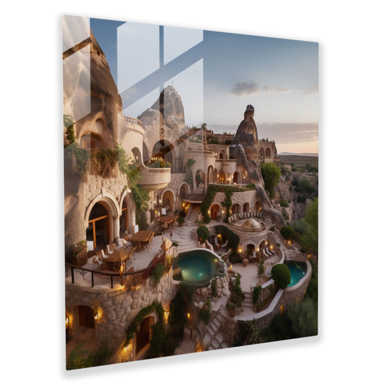 Opulent Baroque Glass Prints - Palace nestled within Cappadocia's Natural Formations - Modern Wall Decoration and Home Decor - Glass Wall Art