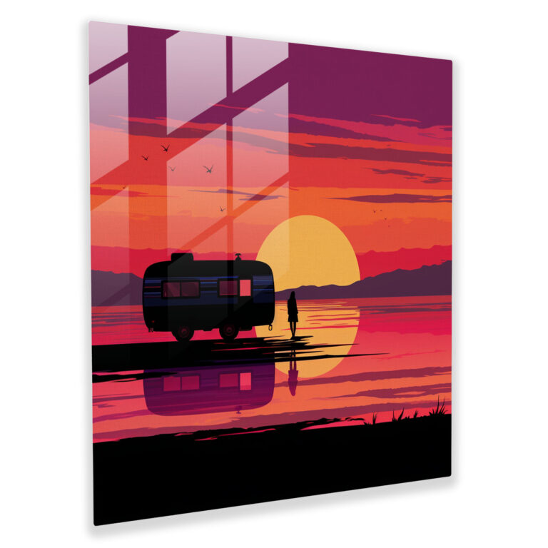Sunset Caravan Glass Print - Caravan, Colorful Sunset, Glass Wall Art, Exploration