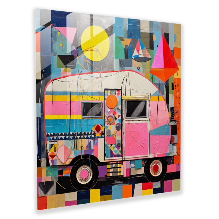 Geometric Caravan Glass Print - Caravan, Abstract Collage, Wall Decoration, Glass Art