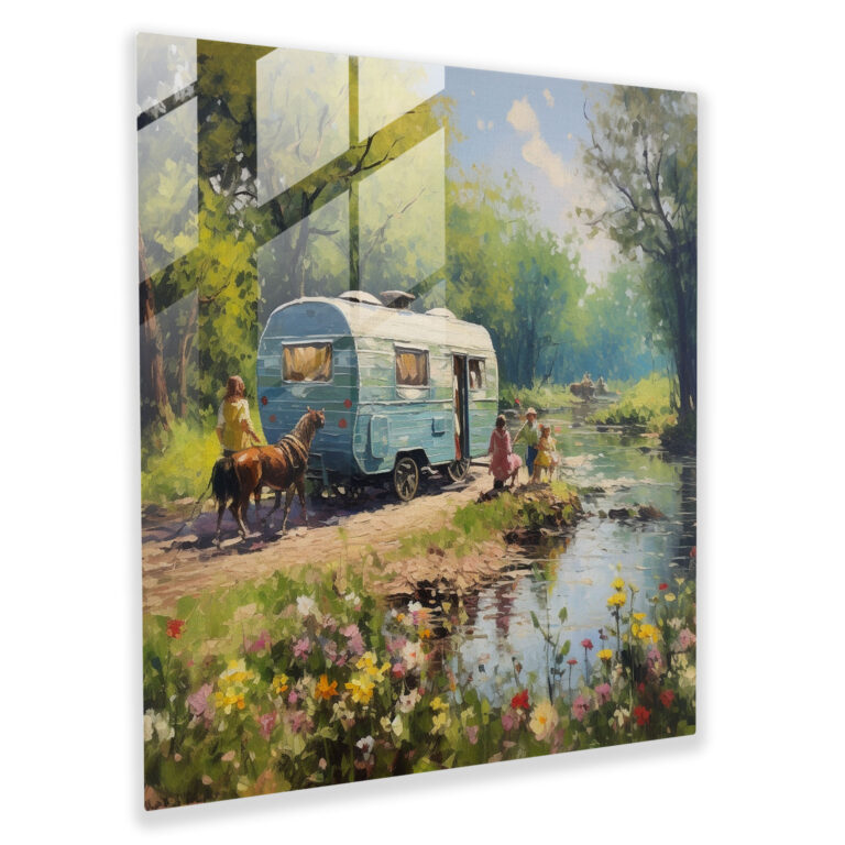 Riverside Caravan Glass Print - Caravan, Wall Decoration, Gypsies, Modern Art
