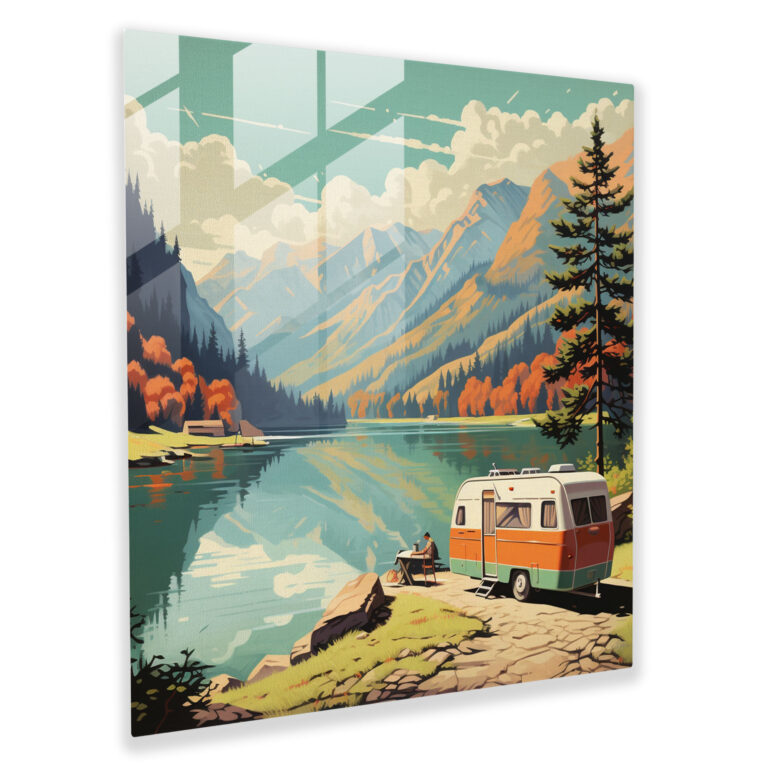 Serene Lake Caravan Glass Print - Caravan, Glass Art, Vintage Travel Poster, Glass Wall Art