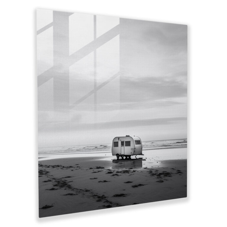 Solitary Beach Caravan Glass Print - Caravan, Glass Wall Art, Wall Decoration, Modern Art