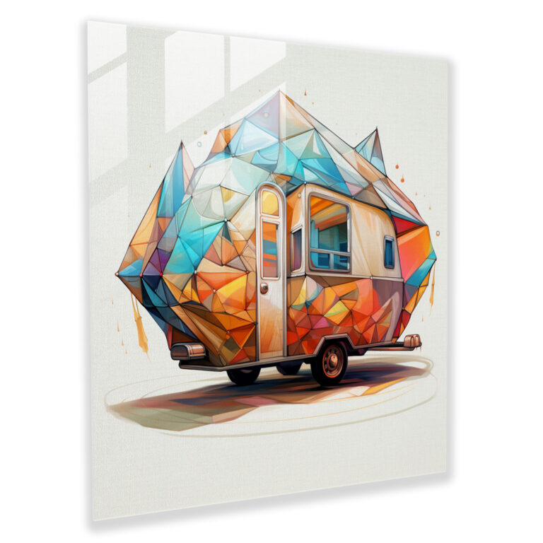 Geometric Fusion Caravan Glass Print - Caravan, Abstract Geometric Illustration, Wall Decoration, Fusion