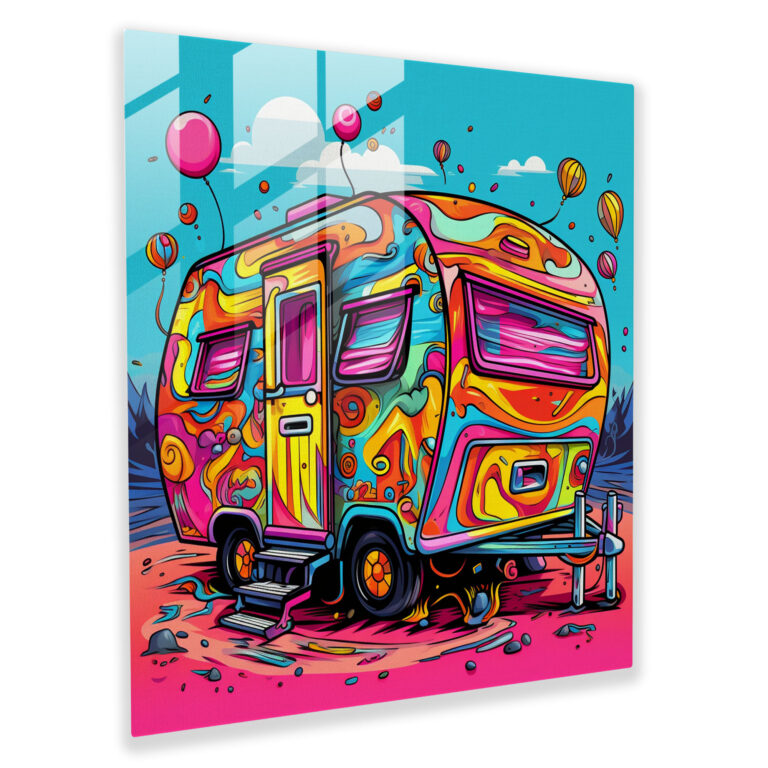 Bold Adventure Caravan Glass Print - Caravan, Pop Art Inspired Design, Modern Art, Home Decoration
