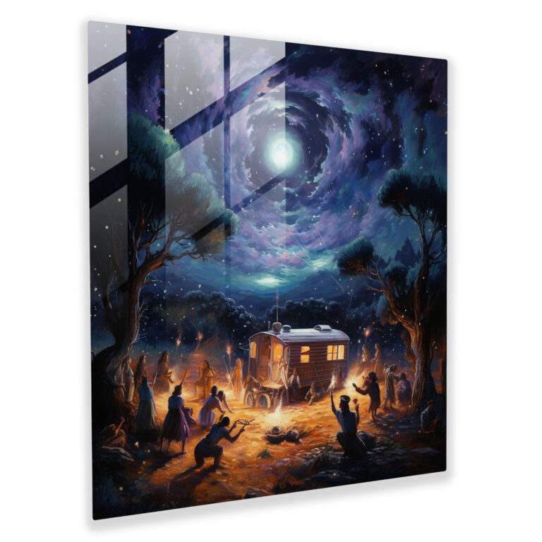 Glass Print - Gypsy Caravan Nights - Caravan, Starry Night Sky, Impressionist Painting, Bonfire