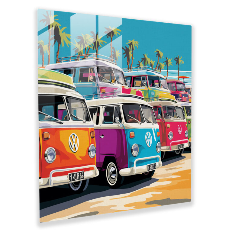 Glass Print - Retro Caravan Parade - Caravan, Caravan, Bright, Wall Decoration