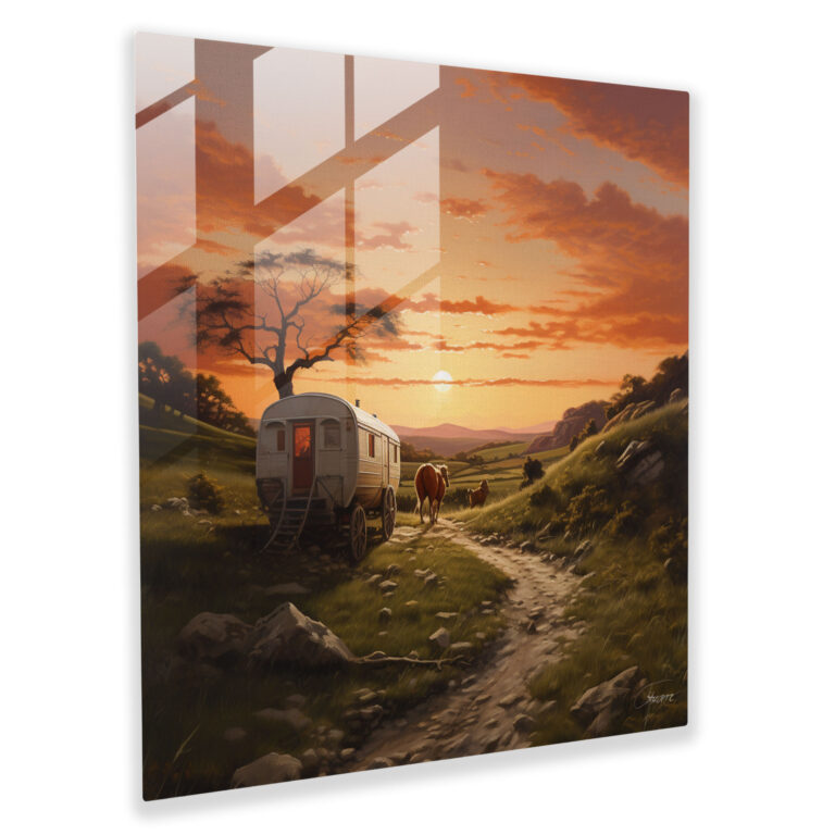 Glass Print - Countryside Caravan Voyage - Caravan, Glass Wall Art, Sunset, Modern Art