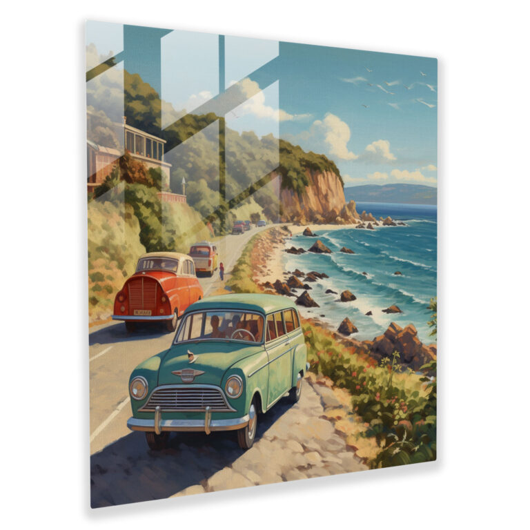 Glass Print - Coastal Caravan Journey - Caravan, Caravan, Vintage Cars, Coastal Road