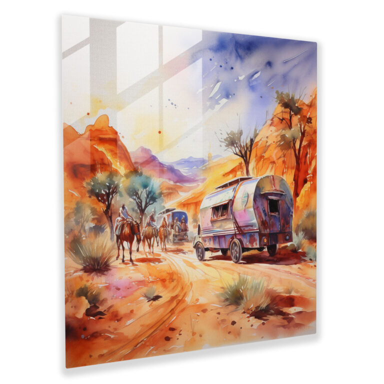 Caravan Adventure Glass Print - Caravan, Abstract, Glass Wall Art, Watercolor
