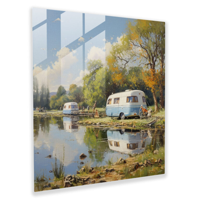 Riverside Caravan Glass Print - Caravan, Wall Decoration, Impressionist, Tranquil