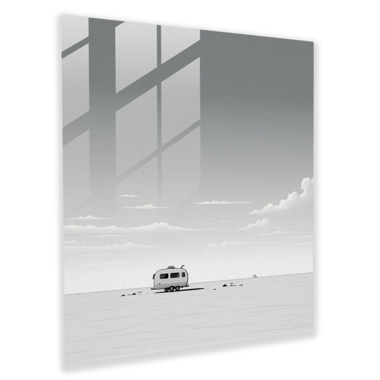 Simplicity Caravan Glass Print - Caravan, Minimalist Black And White Illustration, Modern Art, Simplicity