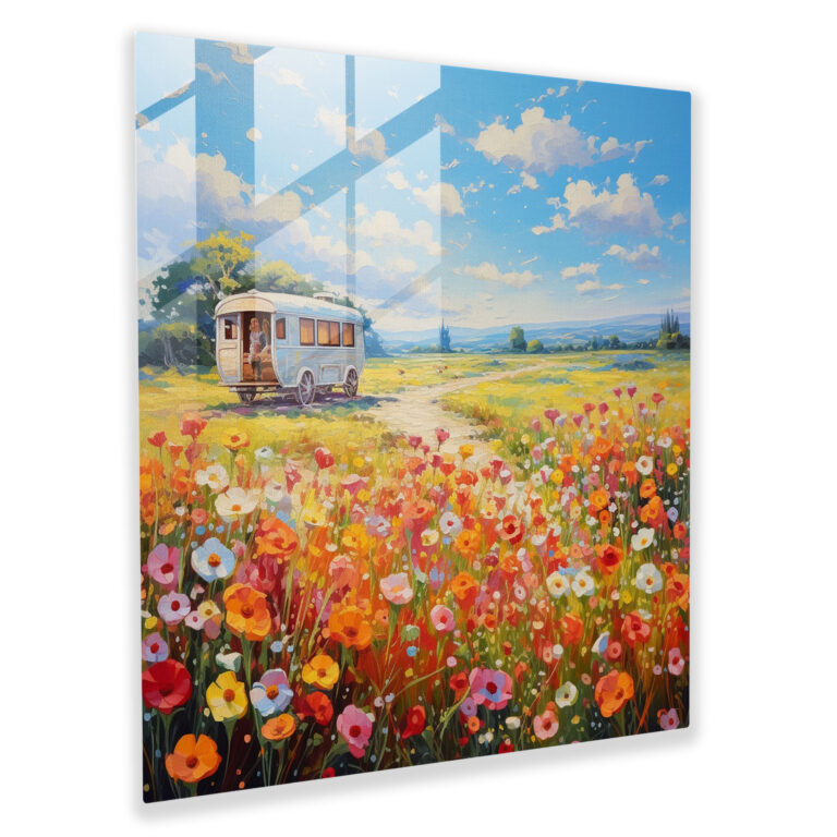 Blooming Caravan Glass Print - Caravan, Blooming Flowers, Vibrant, Glass Wall Art