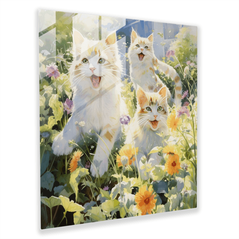 Charming Glass Print - Playful Garden Cats - Contemporary Glass Wall Art Decoration