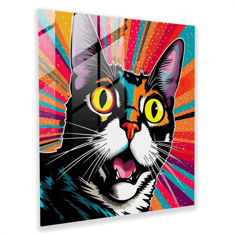 Funky Glass Print - Vibrant Pop Art Cat - Retro Glass Wall Art Home Decoration