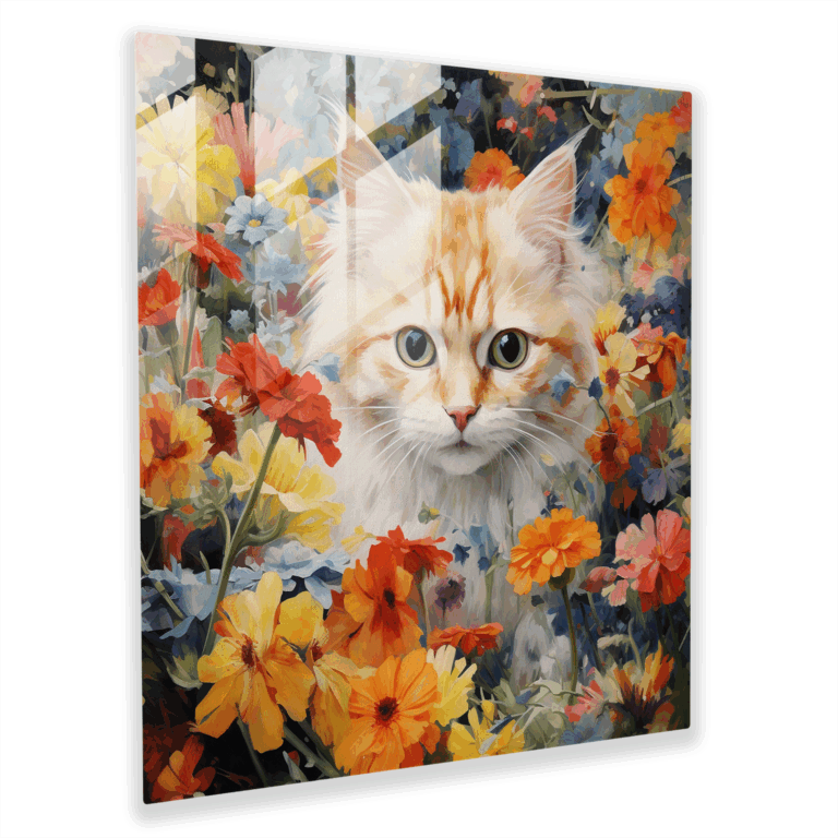 Colorful Cat in Blossom Garden Glass Print Wall Decoration