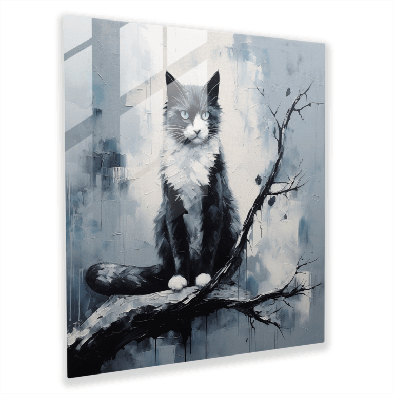 Elegant Monochromatic Cat Sitting Glass Print Wall Art Decoration