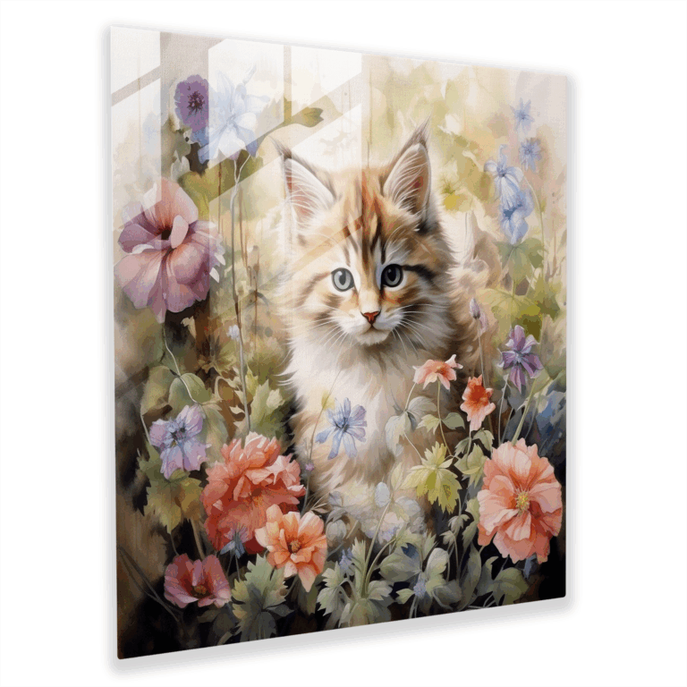 Whimsical Blooms Glass Print: Watercolor Kitten Amidst Floral Delights - Glass Wall Art, Home Decoration, Wall Decor, Glass Art