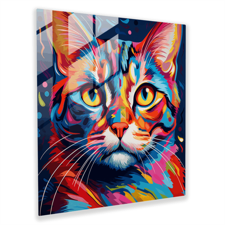 Dynamic Whiskers Glass Print: Pop Art Cat in Vibrant Colors - Glass Wall Art, Home Decoration, Wall Decoration, Glass Art